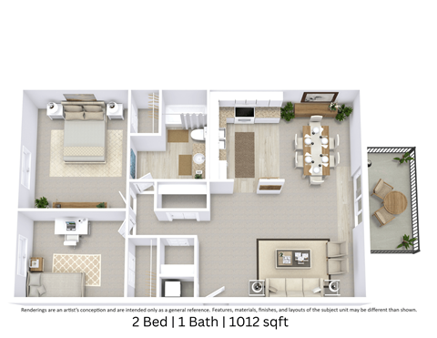 Floor plan for 2 beds, 1 bath, 1012 sqft